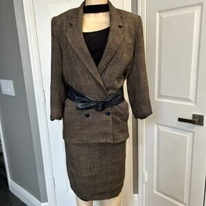 Vintage 80s Leana Winston Skirt Suit Set Brown Tweed Blazer & Skirt Size 8